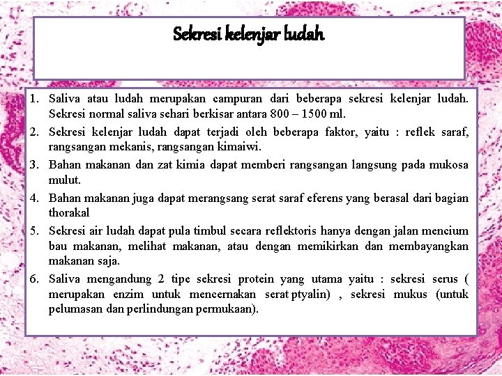 Sekresi kelenjar ludah 1. Saliva atau ludah merupakan campuran dari beberapa sekresi kelenjar ludah.