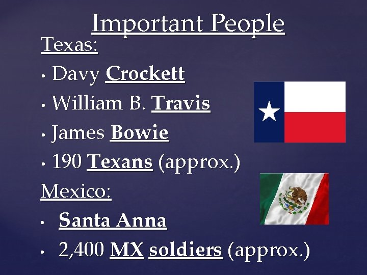 Important People Texas: • Davy Crockett • William B. Travis • James Bowie •