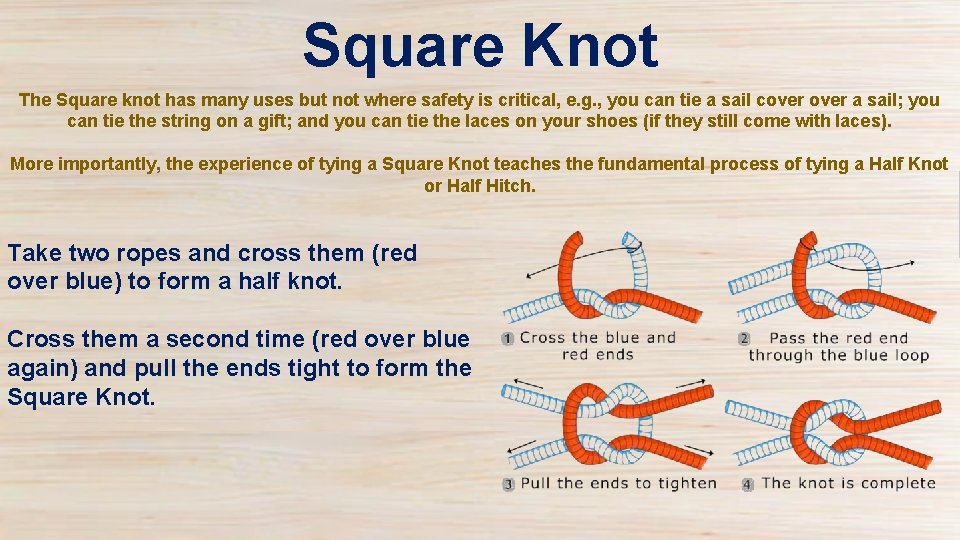 Square Knot The Square knot has many uses but not where safety is critical,