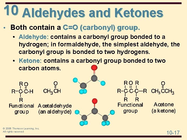 10 Aldehydes and Ketones • Both contain a C=O (carbonyl) group. • Aldehyde: contains 10 Aldehydes and Ketones • Both contain a C=O (carbonyl) group. • Aldehyde: contains