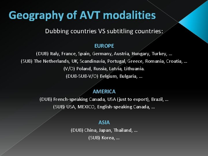 Geography of AVT modalities Dubbing countries VS subtitling countries: EUROPE (DUB) Italy, France, Spain,
