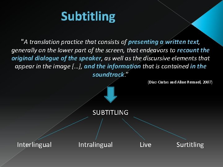 Subtitling “A translation practice that consists of presenting a written text, generally on the