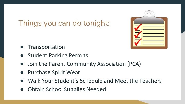 Things you can do tonight: ● ● ● Transportation Student Parking Permits Join the
