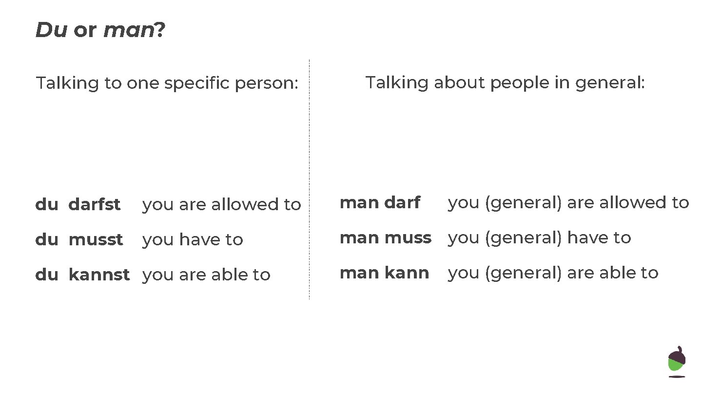 Du or man? Talking to one specific person: Talking about people in general: du