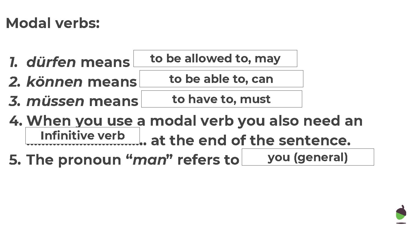 Modal verbs: to be allowed to, may ………………. . 1. dürfen means to be