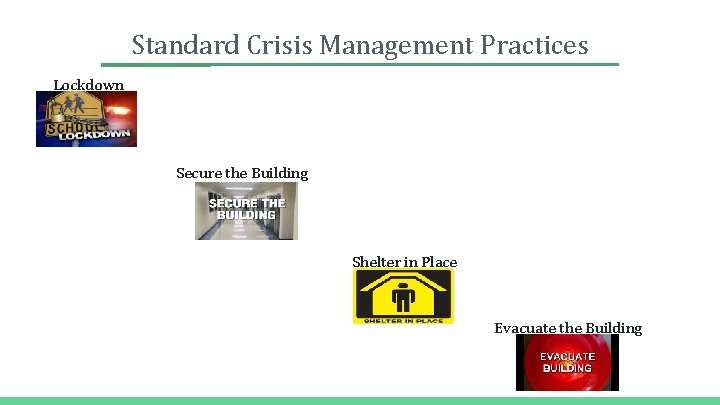 Standard Crisis Management Practices Lockdown Secure the Building Shelter in Place Evacuate the Building