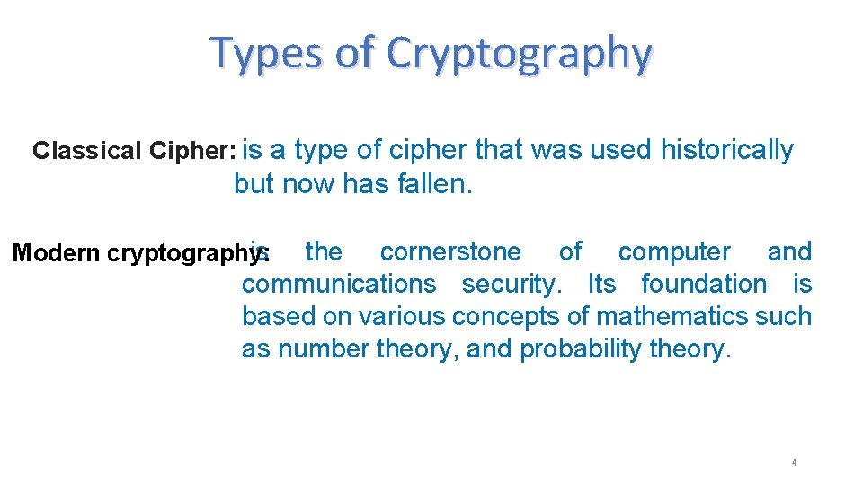 Types of Cryptography Classical Cipher: is a type of cipher that was used historically Types of Cryptography Classical Cipher: is a type of cipher that was used historically