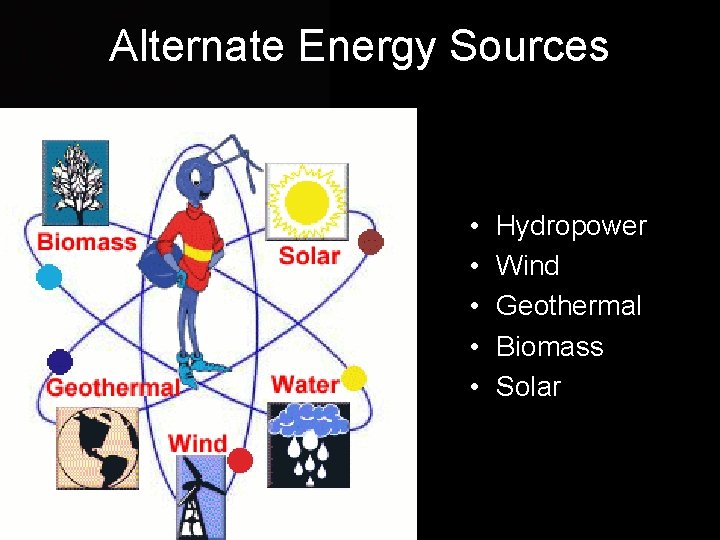 Alternate Energy Sources • • • Hydropower Wind Geothermal Biomass Solar 