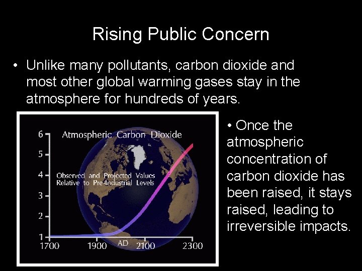 Rising Public Concern • Unlike many pollutants, carbon dioxide and most other global warming