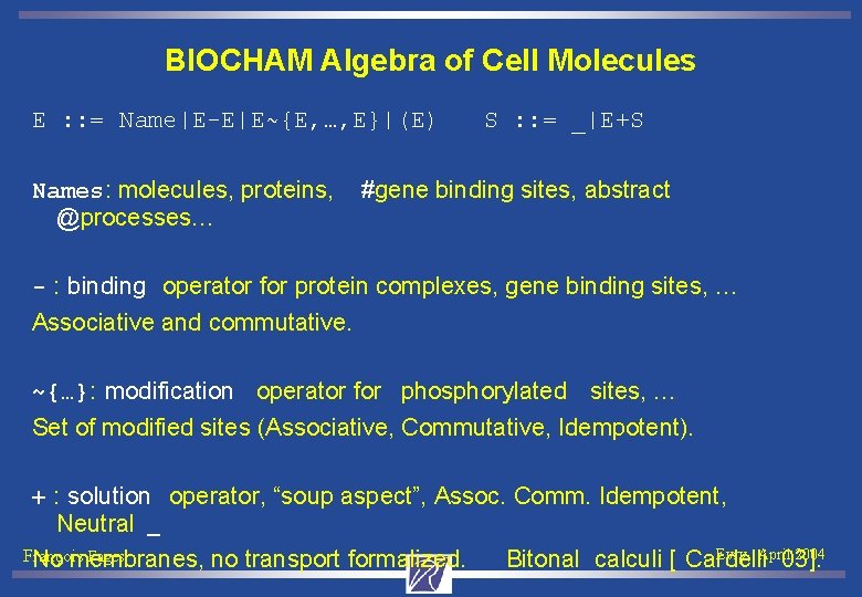 BIOCHAM Algebra of Cell Molecules E : : = Name|E-E|E~{E, …, E}|(E) Names: molecules,