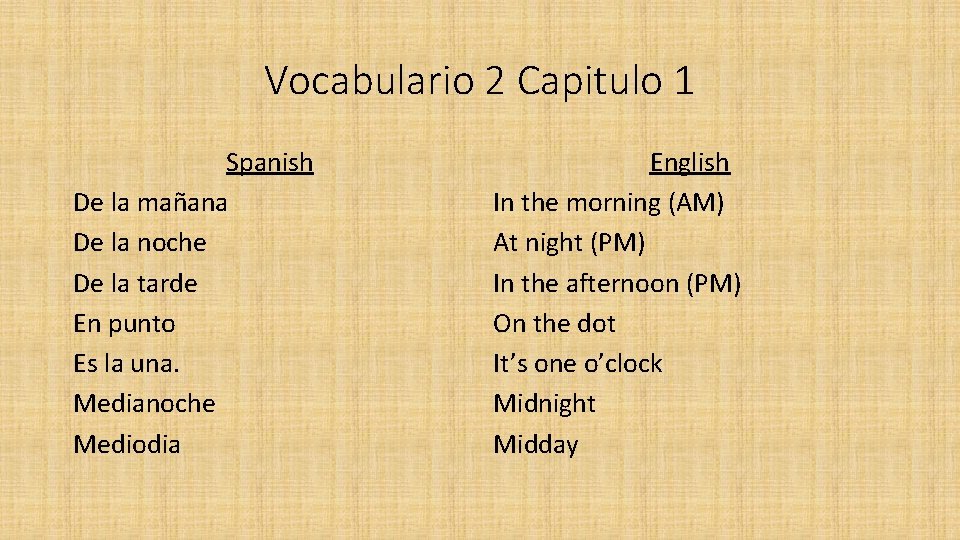 Vocabulario 2 Capitulo 1 Spanish De la mañana De la noche De la tarde