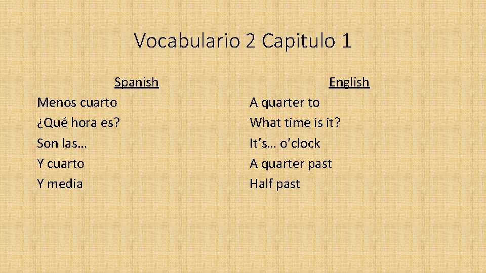 Vocabulario 2 Capitulo 1 Spanish Menos cuarto ¿Qué hora es? Son las… Y cuarto