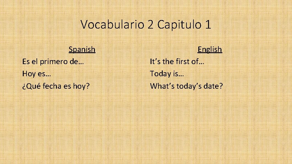 Vocabulario 2 Capitulo 1 Spanish Es el primero de… Hoy es… ¿Qué fecha es