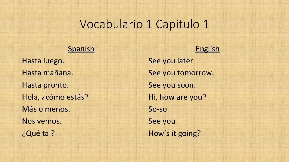 Vocabulario 1 Capitulo 1 Spanish Hasta luego. Hasta mañana. Hasta pronto. Hola, ¿cómo estás?