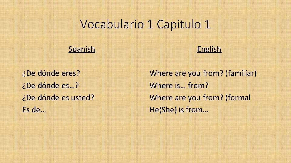 Vocabulario 1 Capitulo 1 Spanish ¿De dónde eres? ¿De dónde es…? ¿De dónde es