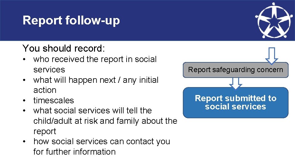 Report follow-up You should record: • who received the report in social services •