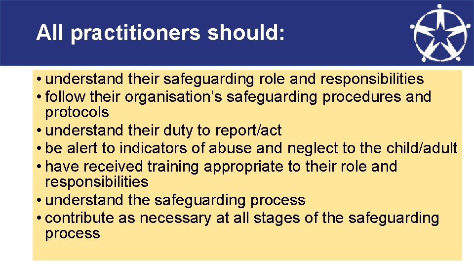All practitioners should: • understand their safeguarding role and responsibilities • follow their organisation’s