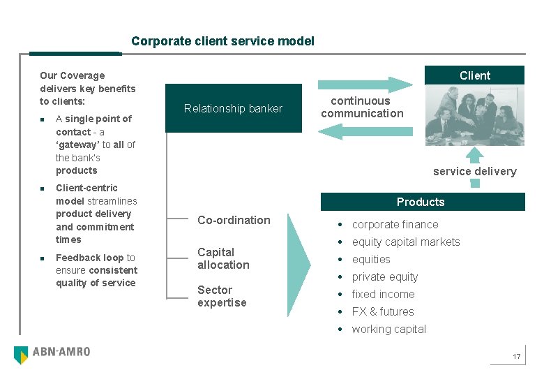 Corporate client service model Our Coverage delivers key benefits to clients: n n n