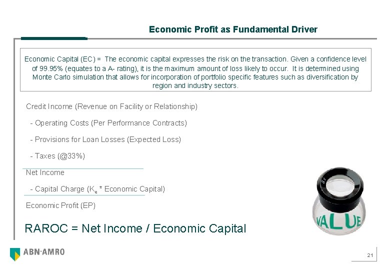 Economic Profit as Fundamental Driver Economic Capital (EC) = The economic capital expresses the