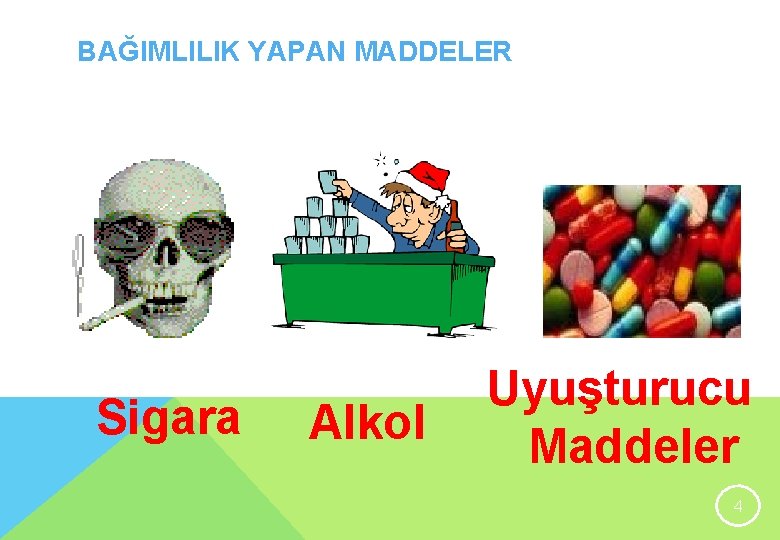 BAĞIMLILIK YAPAN MADDELER Sigara Alkol Uyuşturucu Maddeler 4 