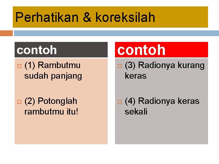 Perhatikan & koreksilah contoh (1) Rambutmu sudah panjang (2) Potonglah rambutmu itu! contoh (3)