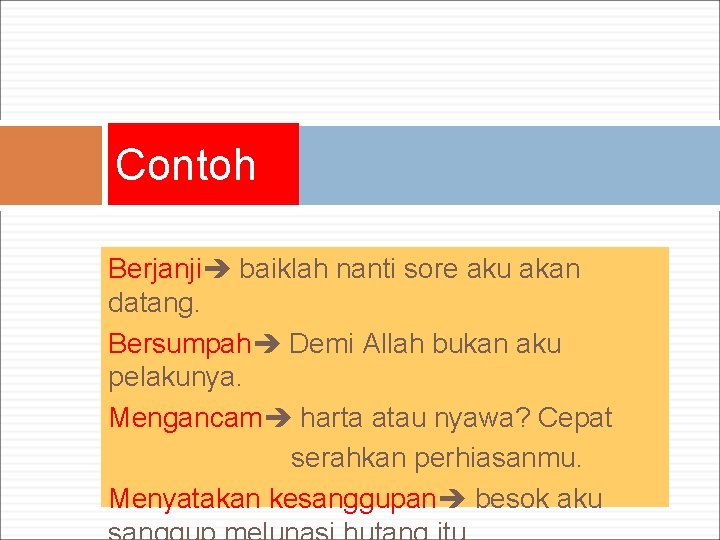 Contoh Berjanji baiklah nanti sore aku akan datang. Bersumpah Demi Allah bukan aku pelakunya.