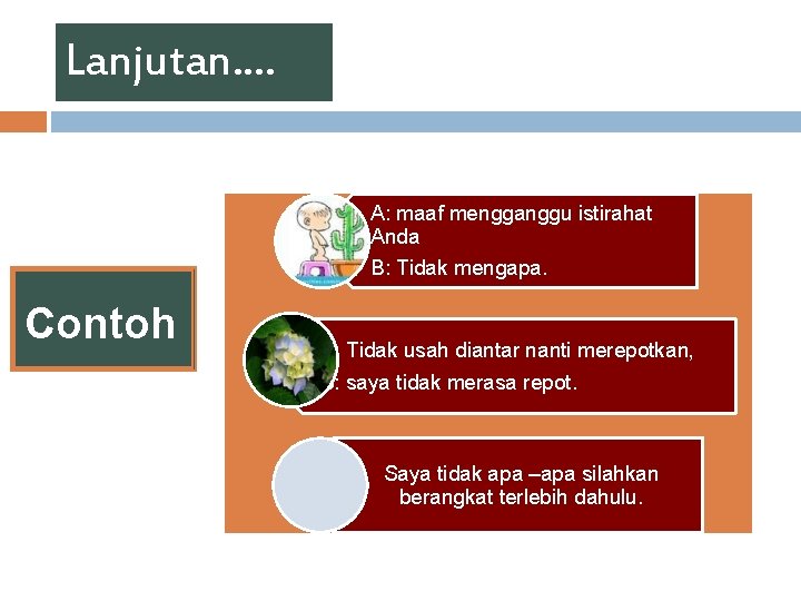 Lanjutan. . A: maaf mengganggu istirahat Anda B: Tidak mengapa. Contoh A: Tidak usah