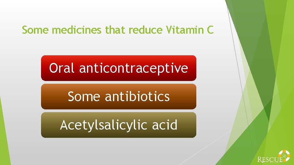 Some medicines that reduce Vitamin C Oral anticontraceptive Some antibiotics Acetylsalicylic acid 