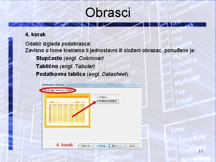 Obrasci 4. korak Odabir izgleda podobrasca: Zavisno o tome kreiramo li jednostavni ili složeni