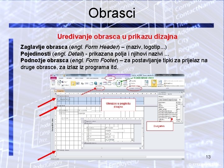 Obrasci Uređivanje obrasca u prikazu dizajna Zaglavlje obrasca (engl. Form Header) – (naziv, logotip.