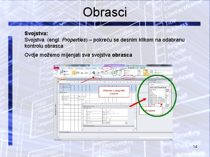 Obrasci Svojstva: Svojstva (engl. Properties) – pokreću se desnim klikom na odabranu kontrolu obrasca