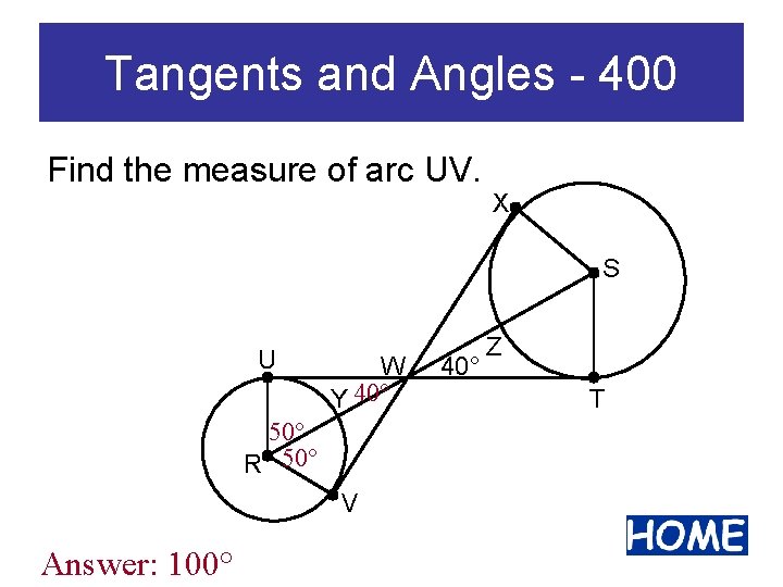 Tangents and Angles - 400 Find the measure of arc UV. X S U