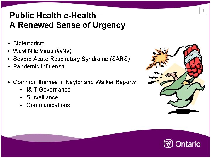 Public Health e-Health – A Renewed Sense of Urgency • • Bioterrorism West Nile