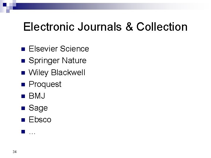 Electronic Journals & Collection n n n n 34 Elsevier Science Springer Nature Wiley