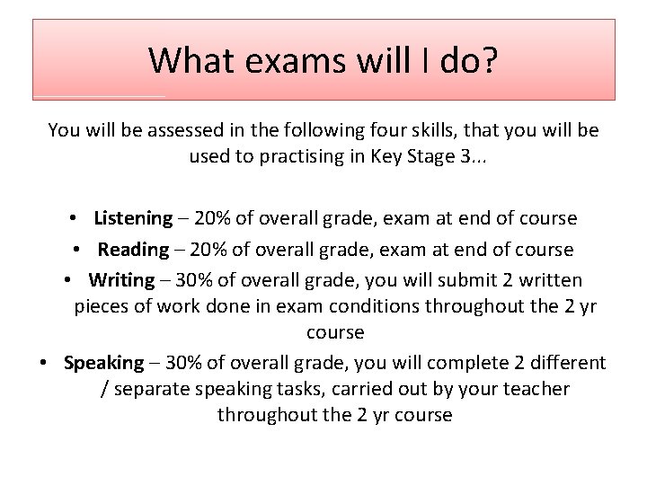 What exams will I do? You will be assessed in the following four skills,