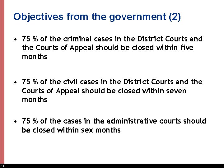 Objectives from the government (2) • 75 % of the criminal cases in the