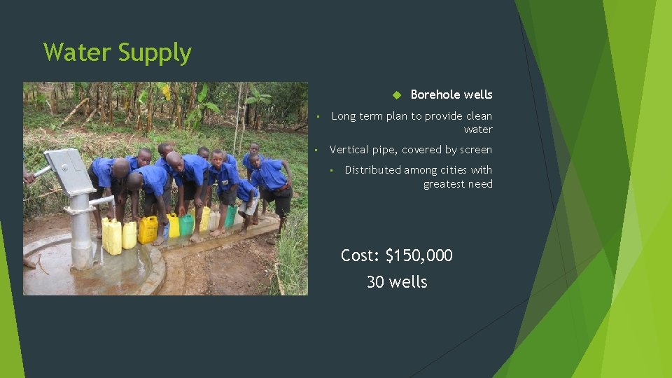 Water Supply Borehole wells • Long term plan to provide clean water • Vertical