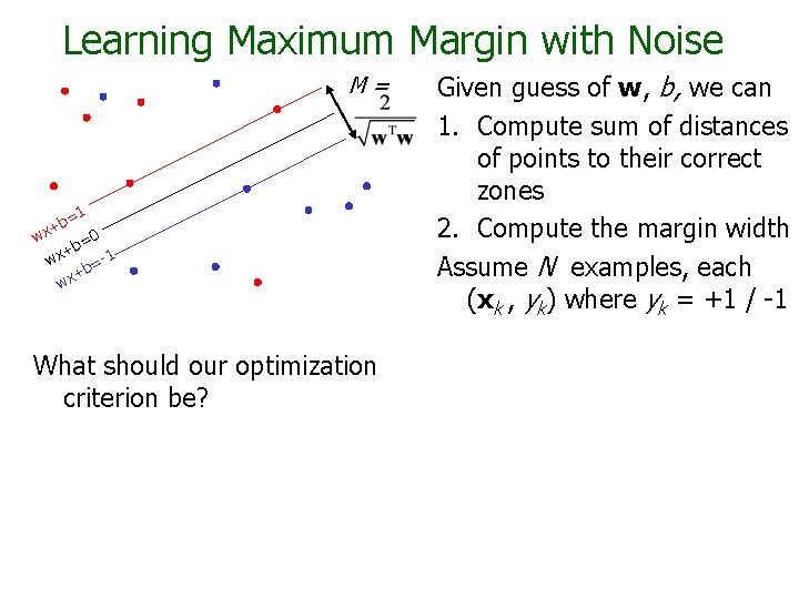 Learning Maximum Margin with Noise M= =1 b x+ w 0 b= + wx