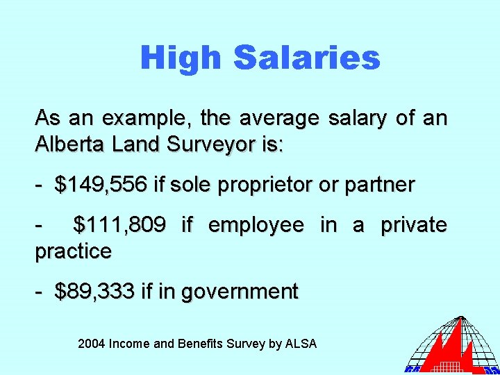 High Salaries As an example, the average salary of an Alberta Land Surveyor is: