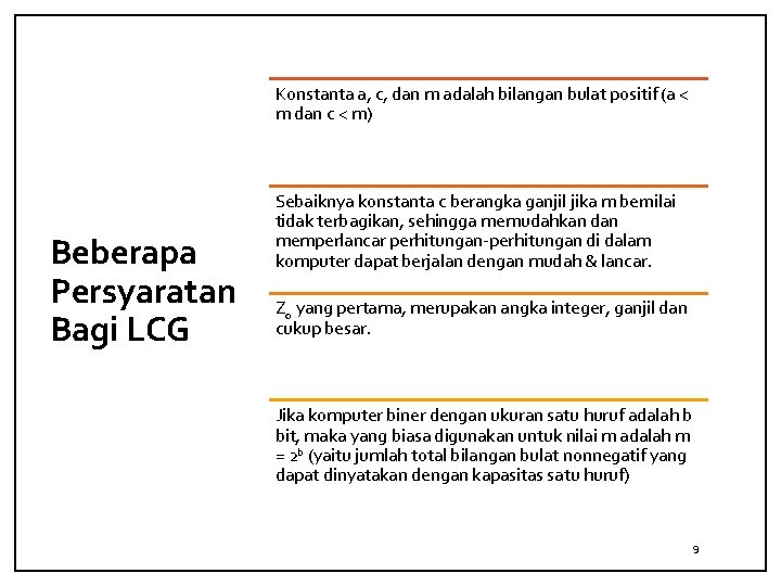 Konstanta a, c, dan m adalah bilangan bulat positif (a < m dan c