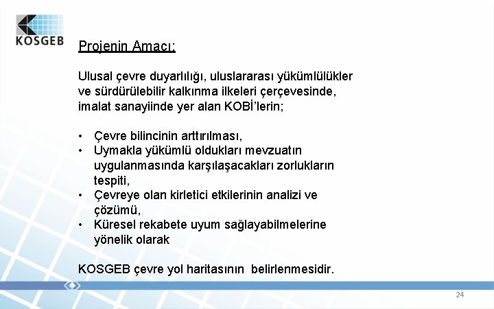 Projenin Amacı: Ulusal çevre duyarlılığı, uluslararası yükümlülükler ve sürdürülebilir kalkınma ilkeleri çerçevesinde, imalat sanayiinde