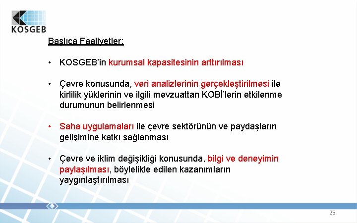 Başlıca Faaliyetler: • KOSGEB’in kurumsal kapasitesinin arttırılması • Çevre konusunda, veri analizlerinin gerçekleştirilmesi ile