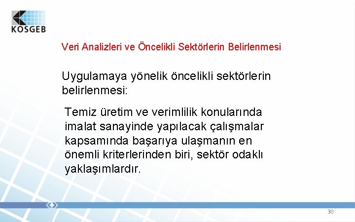 Veri Analizleri ve Öncelikli Sektörlerin Belirlenmesi Uygulamaya yönelik öncelikli sektörlerin belirlenmesi: Temiz üretim ve