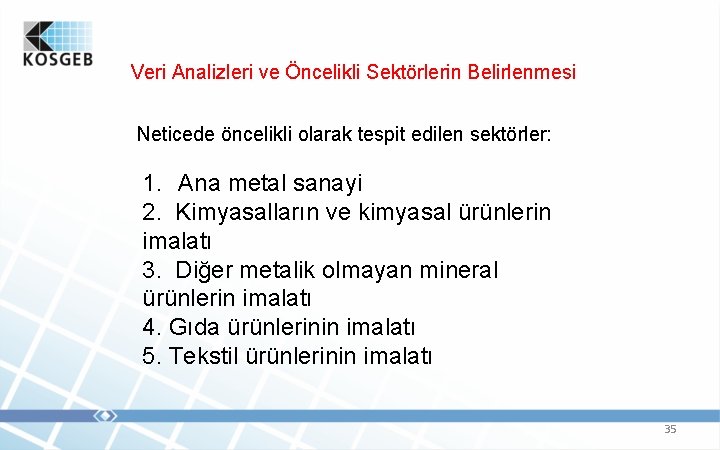 Veri Analizleri ve Öncelikli Sektörlerin Belirlenmesi Neticede öncelikli olarak tespit edilen sektörler: 1. Ana