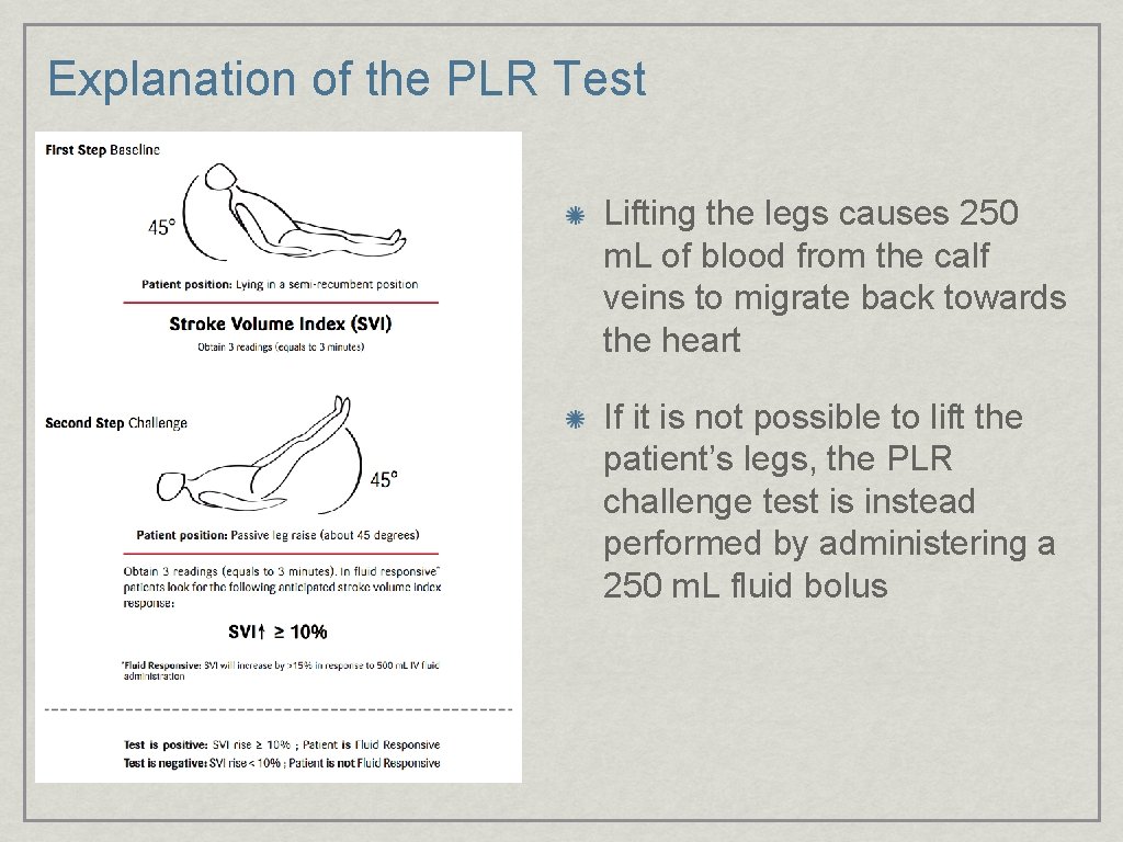 Explanation of the PLR Test Lifting the legs causes 250 m. L of blood
