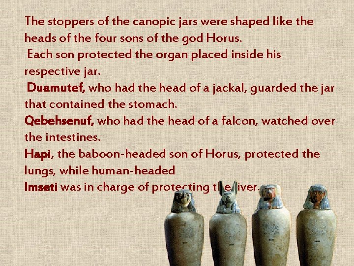 The stoppers of the canopic jars were shaped like the heads of the four