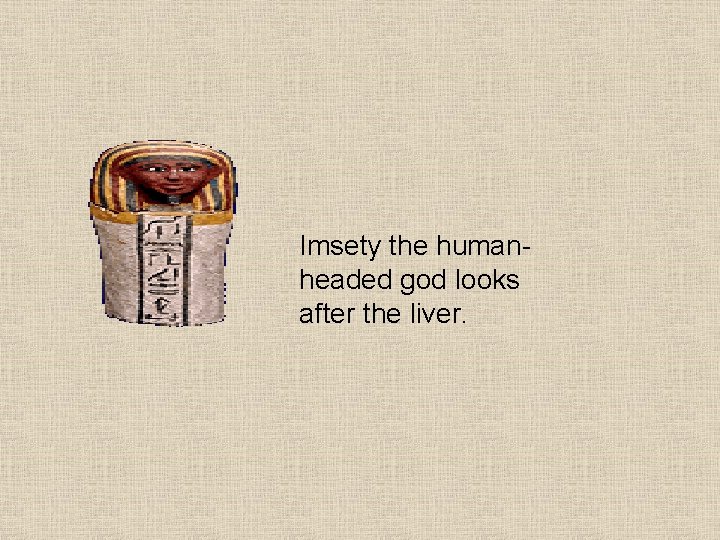 Imsety the humanheaded god looks after the liver. 
