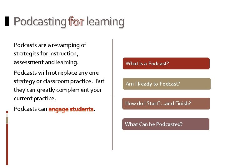 Podcasting for learning Podcasts are a revamping of strategies for instruction, assessment and learning.