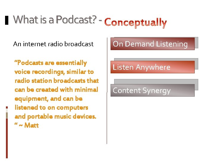 What is a Podcast? An internet radio broadcast On Demand Listening “Podcasts are essentially