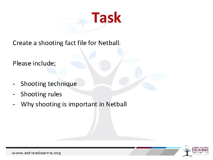 Task Create a shooting fact file for Netball. Please include; - Shooting technique -